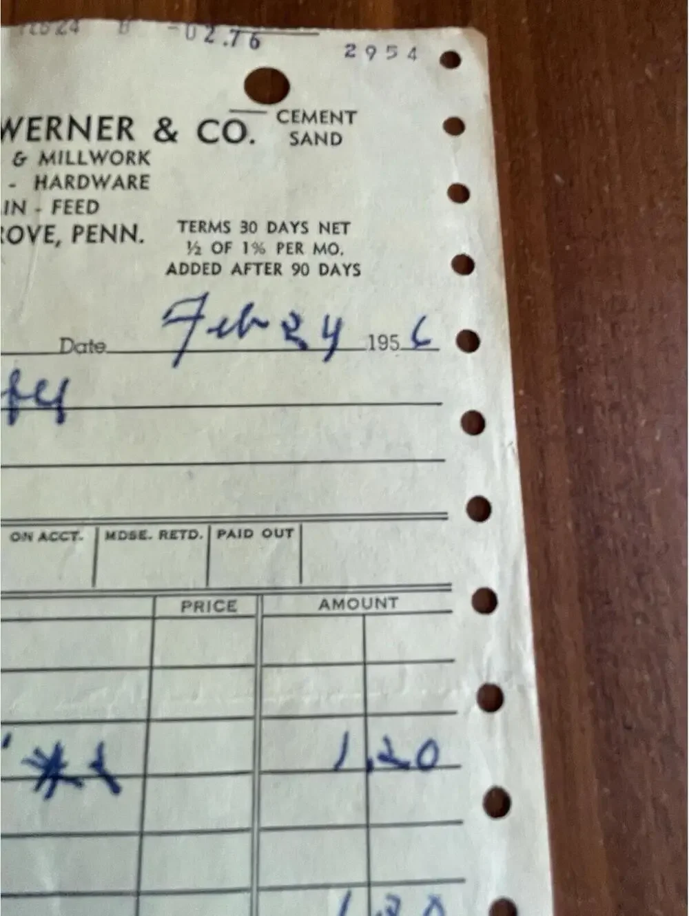 Charles Werner & Co Receipt Invoice Pine Grove Pennsylvania 1956